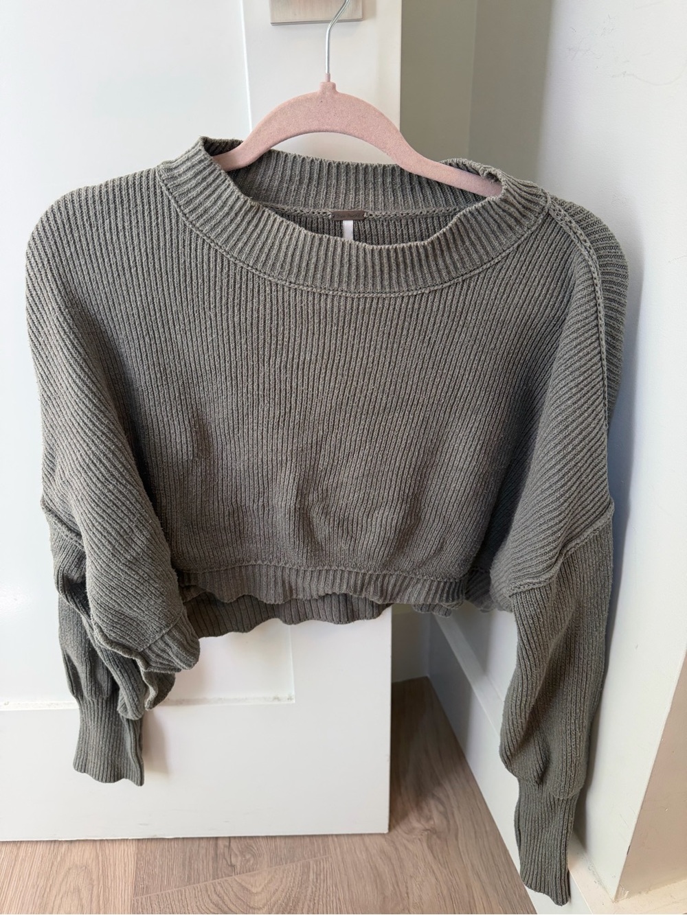 Free People Cropped Rib Knit Sweater in Olive